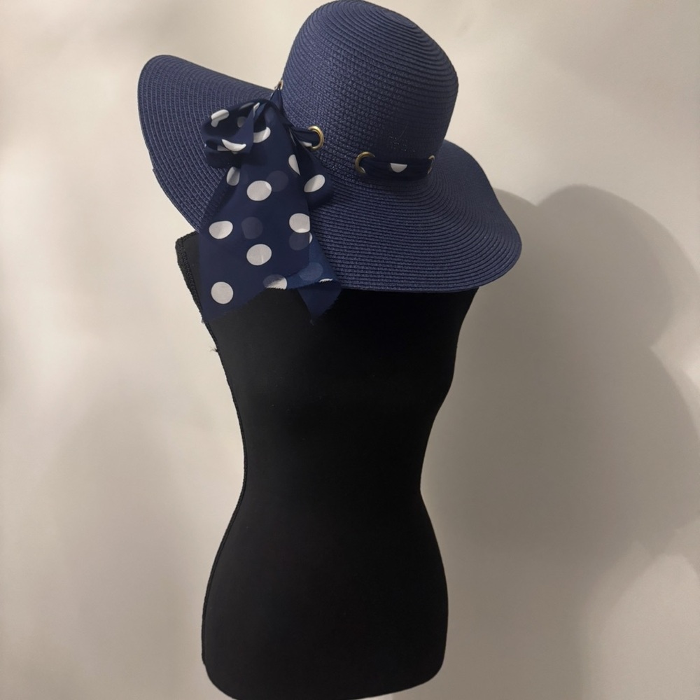 Elegant Navy Blue Wide-Brim Hat with Polka Dot Ribbon